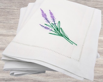 Lavender Linen Dinner Napkin - Embroidered - White Linen Hemstitch Table Decor - Linen Anniversary - Dinner Party