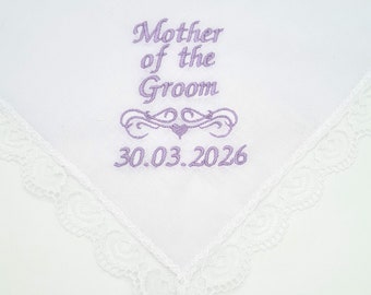 Lace Personalised Wedding Handkerchief Mother of Bride or Mother of Groom, Bridesmaid Maid of Honour, Bride Embroidered Hanky Keepsake