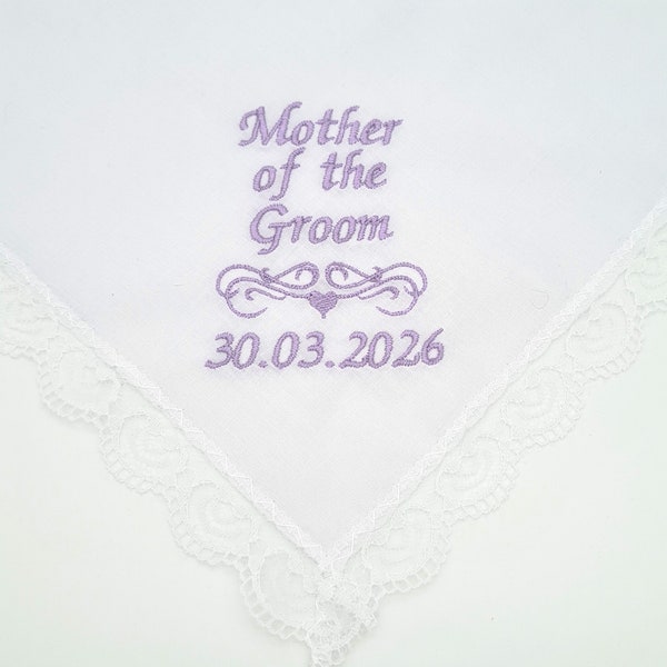 Lace Personalised Wedding Handkerchief Mother of Bride or Mother of Groom, Bridesmaid Maid of Honour, Bride Embroidered Hanky Keepsake