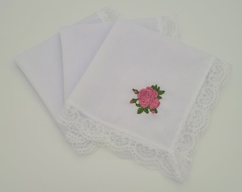 Rose Embroidered on Lace Handkerchief / Hanky / Gift Box / Cotton Handkerchiefs / White Lace Hanky / Floral Handkerchief