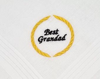 Best Grandad Handkerchief Embroidered Monogram with Decorative Gold Circle / Initials Monogram/ White 40cm Cotton Hankies