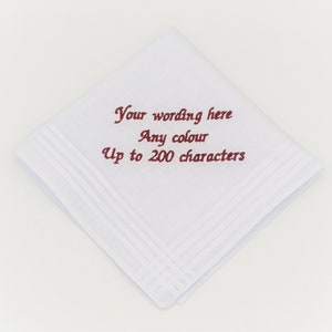 Personalised Handkerchief 29cm / Embroidered Cotton Wedding Hanky / White Handkerchief with custom wording / Groom / FOB / FOG / Best Man image 1