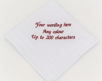 Personalised Handkerchief 29cm / Embroidered Cotton Wedding Hanky / White Handkerchief with custom wording / Groom / FOB / FOG / Best Man