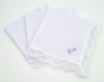 Lace Personalised Handkerchief / White Lace Embroidered Handkerchief / 100% Cotton / Embroidered Name / Wedding Date / Bride / Ladies Gift