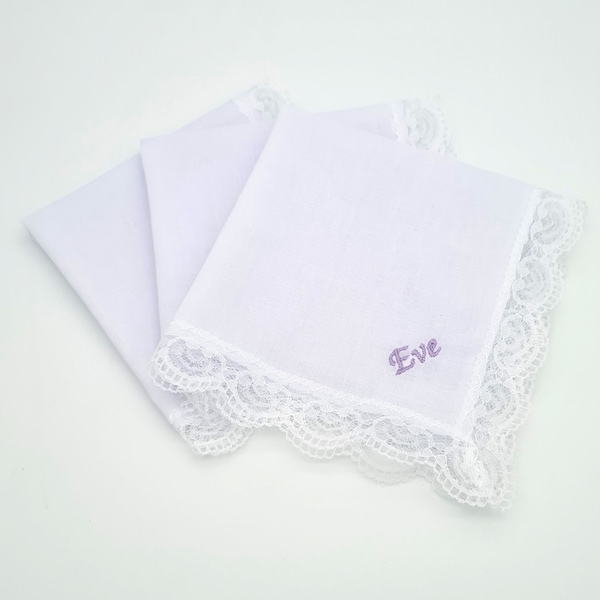 Lace Personalised Handkerchief / White Lace Embroidered Handkerchief / 100% Cotton / Embroidered Name / Wedding Date / Bride / Ladies Gift