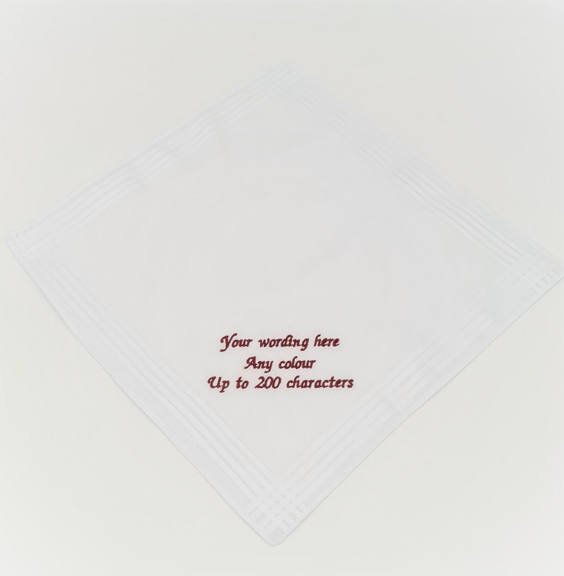 Personalised Handkerchief 29cm / Embroidered Cotton Wedding Hanky / White Handkerchief with custom wording / Groom / FOB / FOG / Best Man image 5