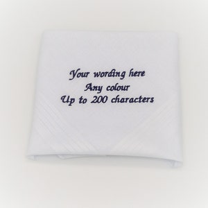 Personalised Handkerchief 40cm / Embroidered Cotton Wedding Hanky / White Handkerchief with custom wording / Groom / FOB / FOG / Best Man