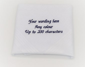 Personalised Handkerchief 40cm / Embroidered Cotton Wedding Hanky / White Handkerchief with custom wording / Groom / FOB / FOG / Best Man