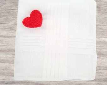Love Heart Embroidered Handkerchief - White Large Cotton Hanky - Any Colour
