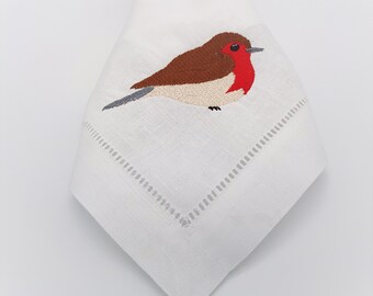 Robin Hemstitch Linen Table Napkin / Embroidered / White Linen / Bird Napkin / Table Linen / Dinner Napkin / Table Decor / Seasonal