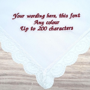 Ladies Custom Handkerchief with Lace Edge - Your Wording Embroidered, Wedding Hanky