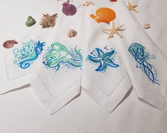 White Linen Hemstitch Dinner Napkins Embroidered Sealife (Set of 4) Jellyfish / Octopus / Starfish / Seahorse / Coastal Napkins