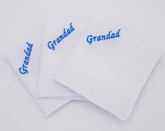 Grandad Handkerchiefs / Personalised Embroidered / Gramps / Pops / Grampy / Gift / 100% Cotton Handkerchiefs / White 40cm Personalised Hanky