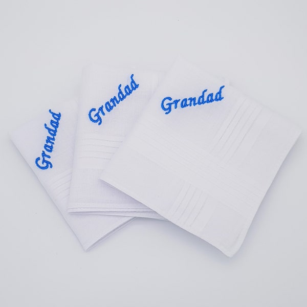 Grandad Handkerchiefs / Personalised Embroidered / Gramps / Pops / Grampy / Gift / 100% Cotton Handkerchiefs / White 40cm Personalised Hanky