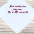 Personalised Handkerchief, 29cm Embroidered, White Hanky with Custom Wording