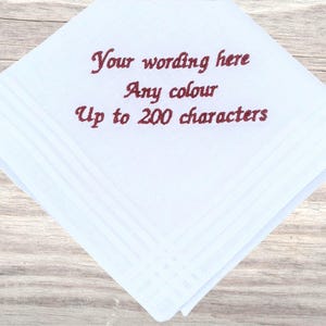 Personalised Handkerchief, 29cm Embroidered, White Hanky with Custom Wording