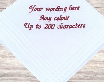 Personalised Handkerchief, 29cm Embroidered, White Hanky with Custom Wording