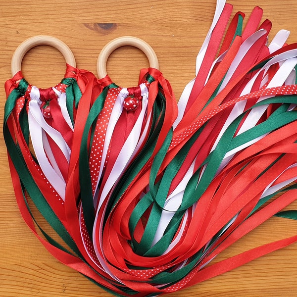 A set of 2 Red and Green with a Strawberry Bell Ribbon Wand Waldorf Inspired Hand Kite Dancing Ribbons-14 streamers
