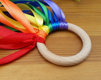 Rainbow Ribbon Wand Waldorf Inspired Hand Kite Ribbon Dancing Ring-12 ribbons in 6Rainbow colours