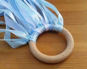 Ice Blue Ribbon Wand Waldorf Inspired Hand Kite Ribbon Dancing Ring-14 streamers