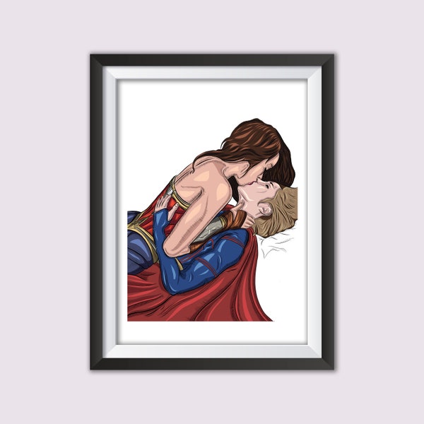 | Supergirl et Wonder Woman Couple lesbien Marvel DC Comic Fan Art disponible en plusieurs tailles | Cadeau de fierté