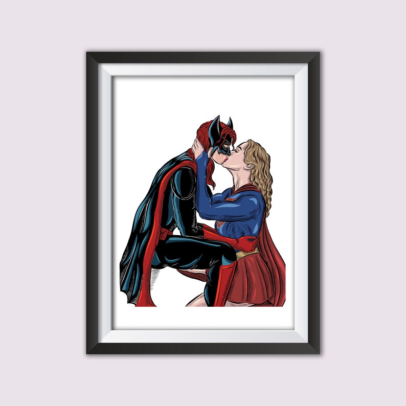 Batwoman and Supergirl Lesbian Couple Marvel DC Comic Fan Art available in Multiple Sizes Pride Gift image 1