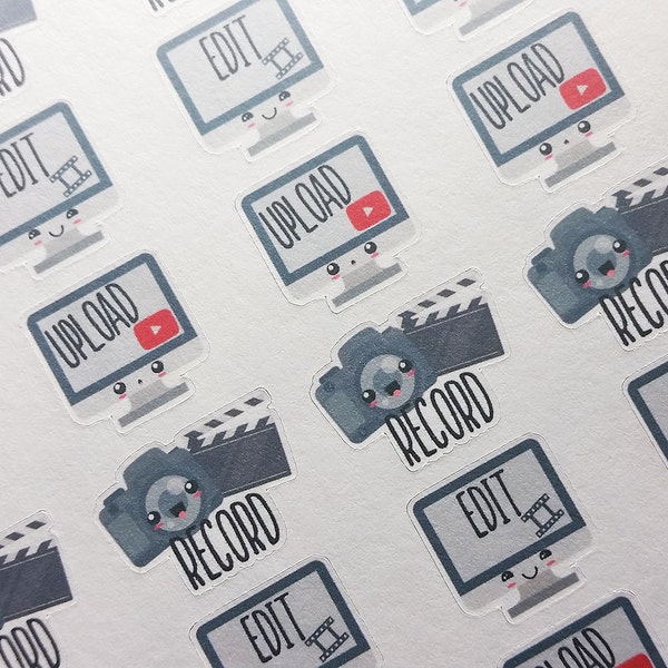 Record, Film, Edit, Upload, Video, YouTube, Camera. 42 Planner Stickers! Erin Condren ECLP, Happy Planner, Filofax, Kikki K, Plum Paper