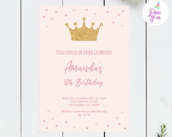 Princess Birthday Invitation Printable, pink and gold princess birthday invite template, royal party girl, instant download pdf