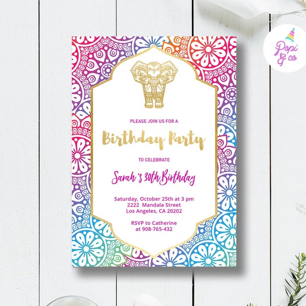 Indian Theme Party Invitation Printable, indian elephant birthday invite template, mandala oriental party, editable pdf instant download