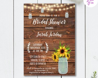 Sunflower Bridal Shower Invitation Printable, rustic bridal shower invite, country light garlands mason jar sunflower, instant download