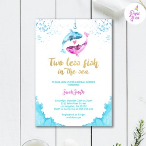 Fishing Bridal Shower Invitations W/envelopes, Two Less Fish in the Sea,  Adjustable Wording to Any Event, Printed and Shipped to You 