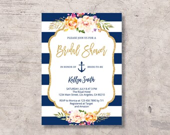Bay Nautical Bridal Shower Invitation Printed Invite Navy Stripes Cream Mint And Peach With Gold Glitter Anchors