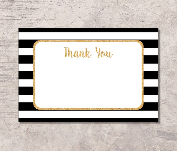 Black And Gold Thank You Card Printable Black White Stripes Etsy