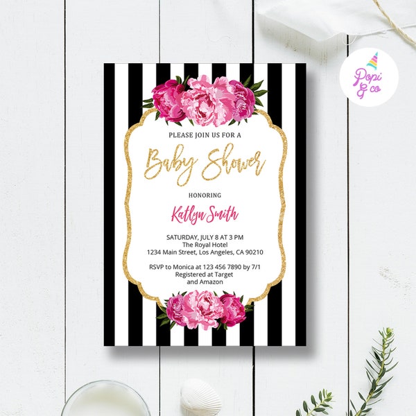 Black and White Floral Baby Shower Invitation Printable, floral gold black white striped baby shower invite, editable pdf instant download