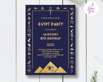 Egypt Party Invitation Printable, egyptian birthday invite, ancient egypt party, navy blue and gold, digital pdf instant download