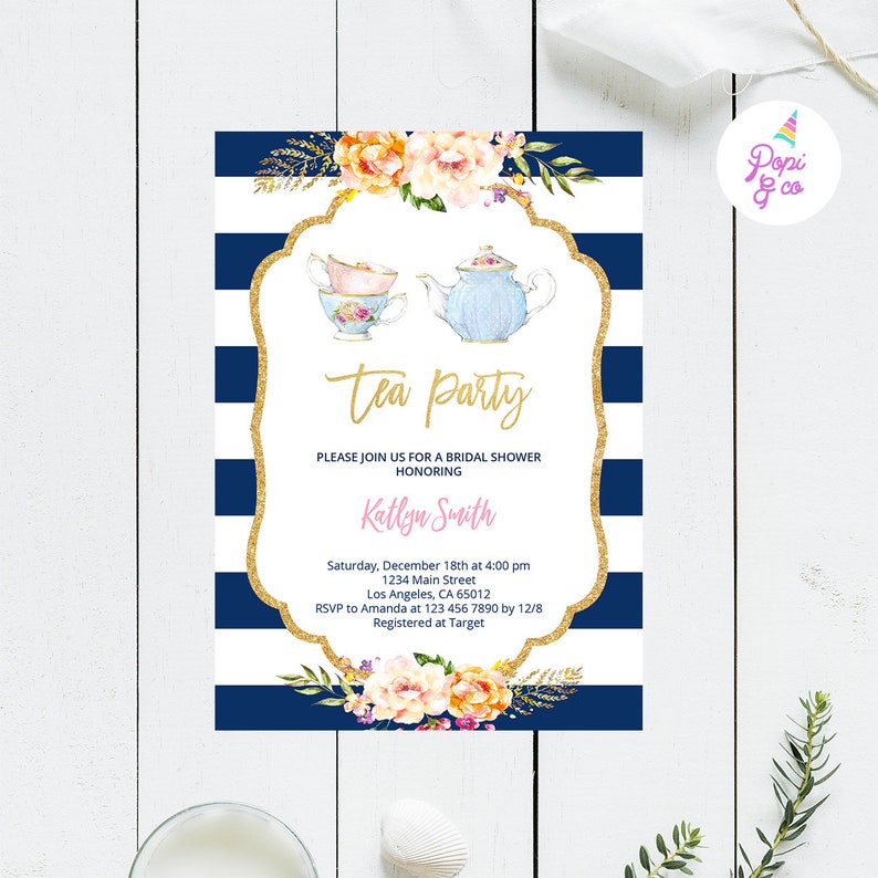 Bridal Tea Party Invitation Printable Navy Gold Floral Tea Etsy