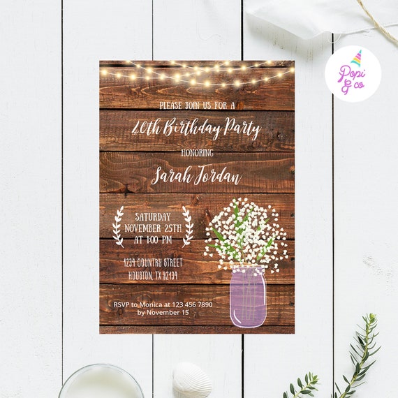 Rustic 40th Birthday Invitation Printable mason jar purple 40 birthday party woman invite forty bday celebration instant download pdf file