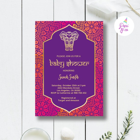 Indian Theme Baby Shower Invitation Indian Elephant Baby Etsy