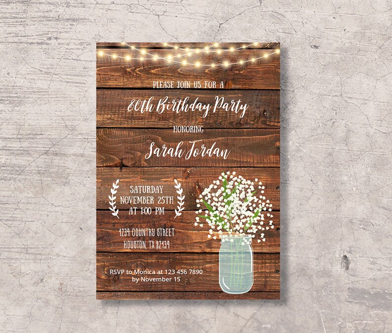 Rustic 80th Birthday Invitation Printable Mason Jar 80 - Etsy
