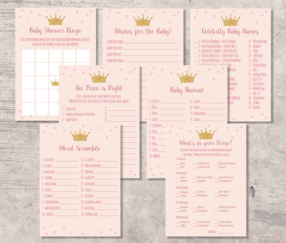 Princess Baby Shower Games Set Printable pink gold baby | Etsy