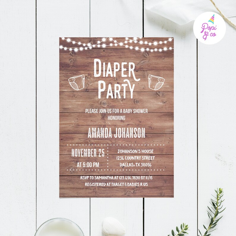 Diaper Party Invitation Printable, Rustic Diaper Baby Shower Invite, Instant Download Digital