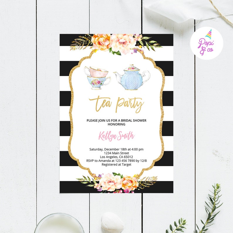 Tea Party Bridal Invitation Printable black and white tea - Etsy España