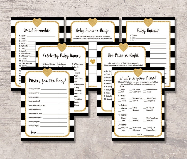 Baby Shower Games Printable Black and Gold black white | Etsy