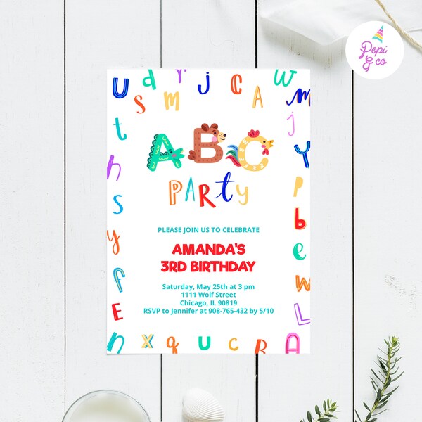 Alphabet Birthday Invitation Printable, alphabet party invite, abc party, instant download pdf editable