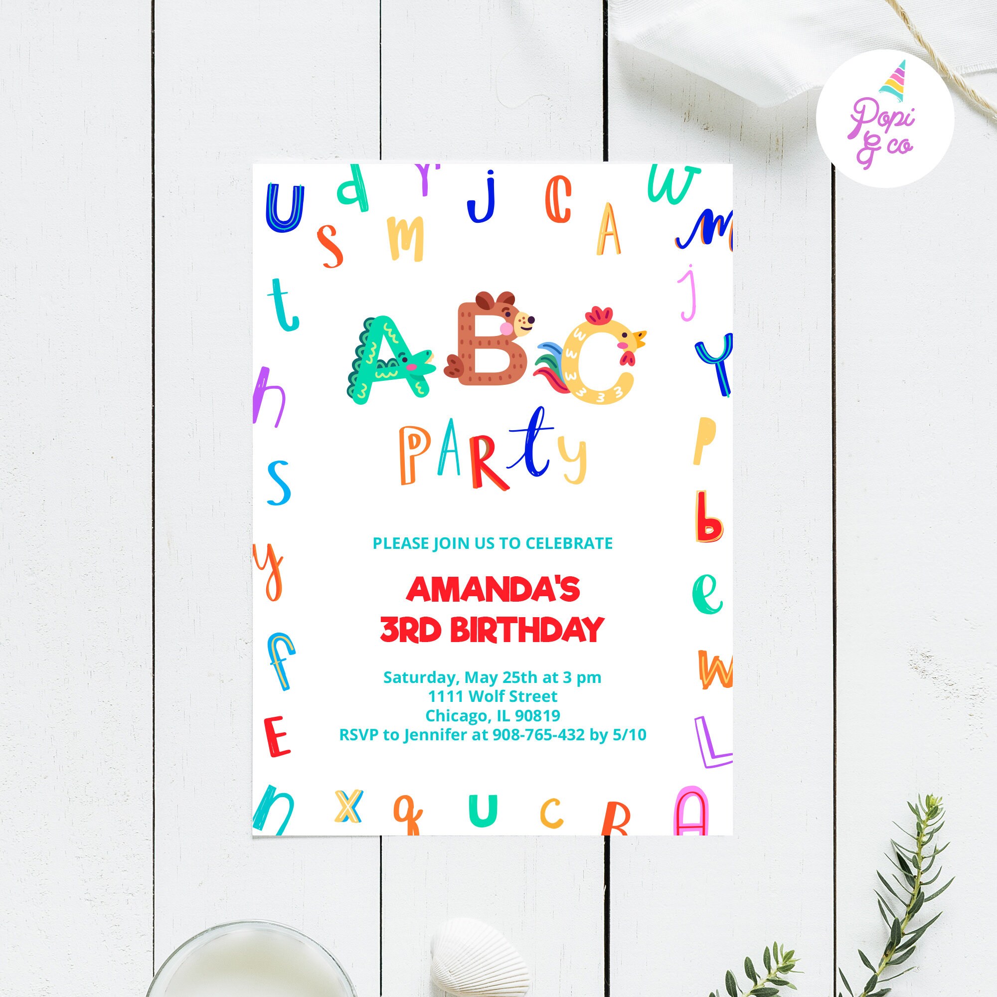 Alphabet Birthday Invitation Printable Alphabet Party Invite Etsy