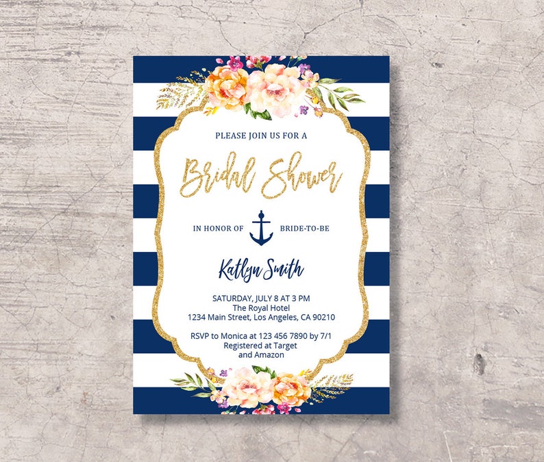 Nautical Bridal Shower Invitation Printable Floral Gold Navy - Etsy