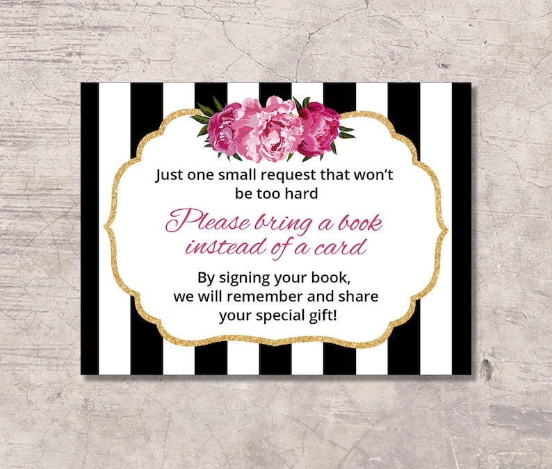 black and white stripes girl floral bring a book digital file instant download Black and White Floral Book Request Baby Shower Printable