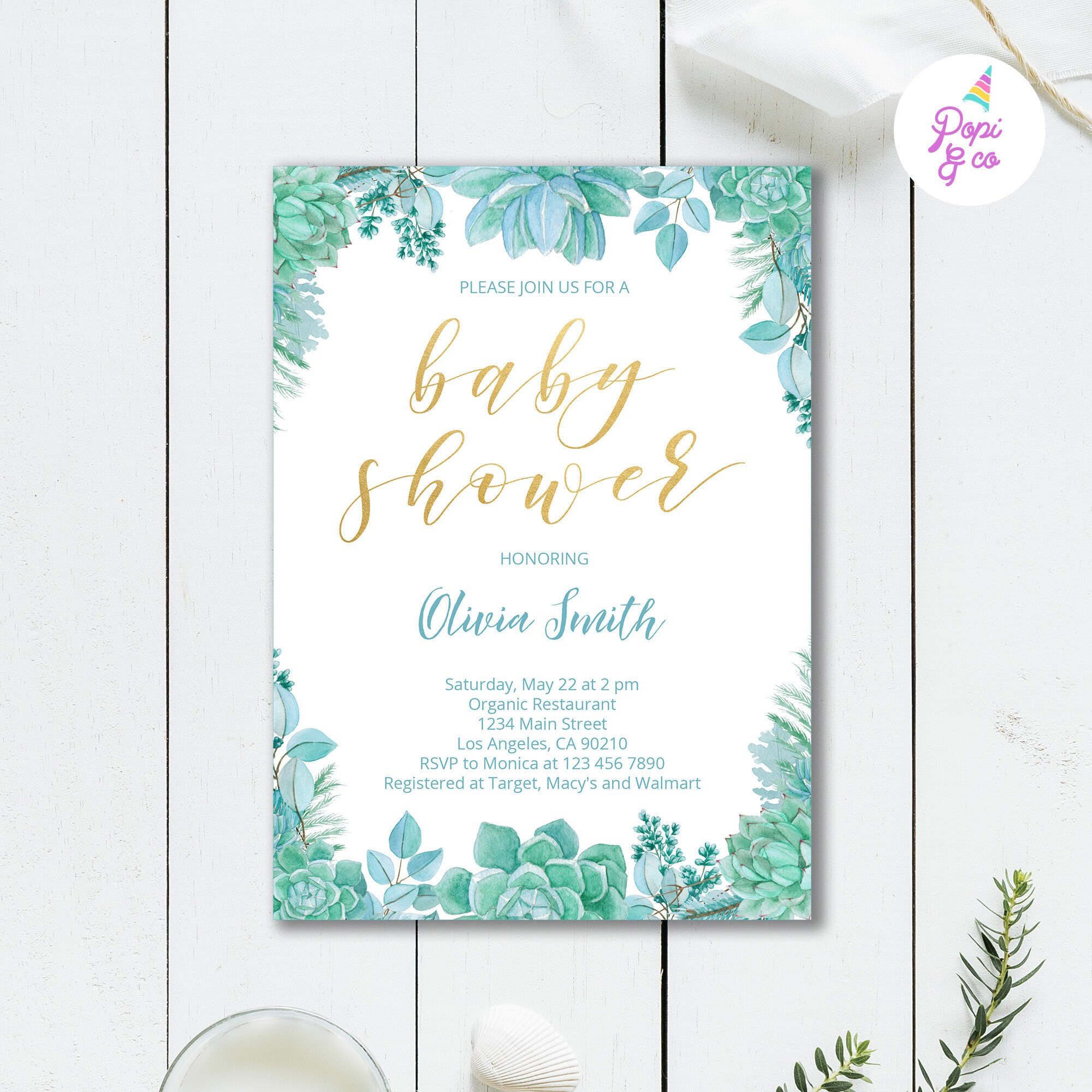 Succulent Baby Shower Invitation Printable mint green gold Etsy