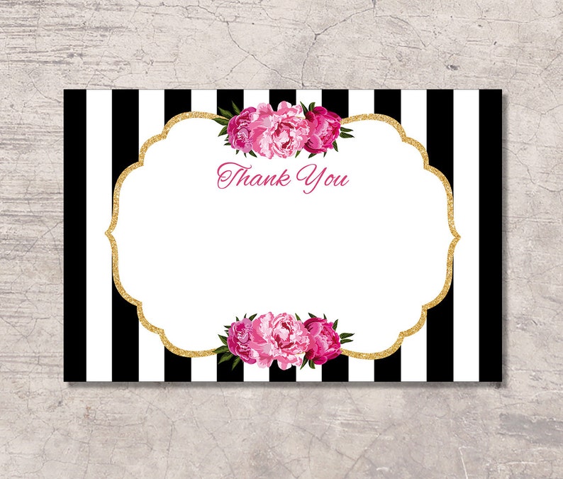 Black And White Floral Thank You Card Printable Black And White Stripes Digital File Instant Download Baby Shower Bridal Shower Wedding