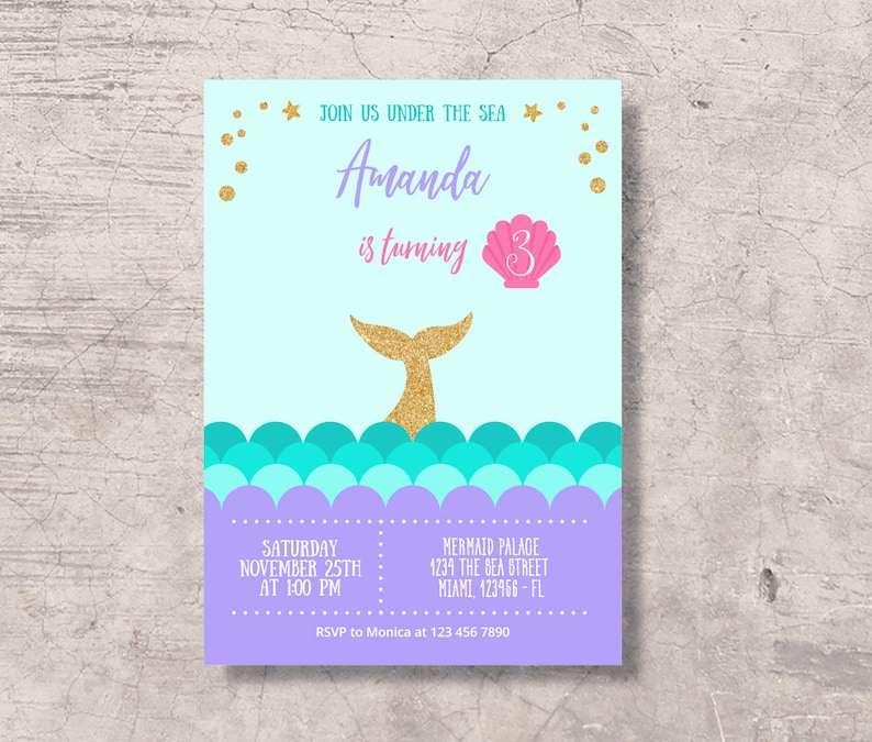 Mermaid Printable Birthday Invitation Editable PDF